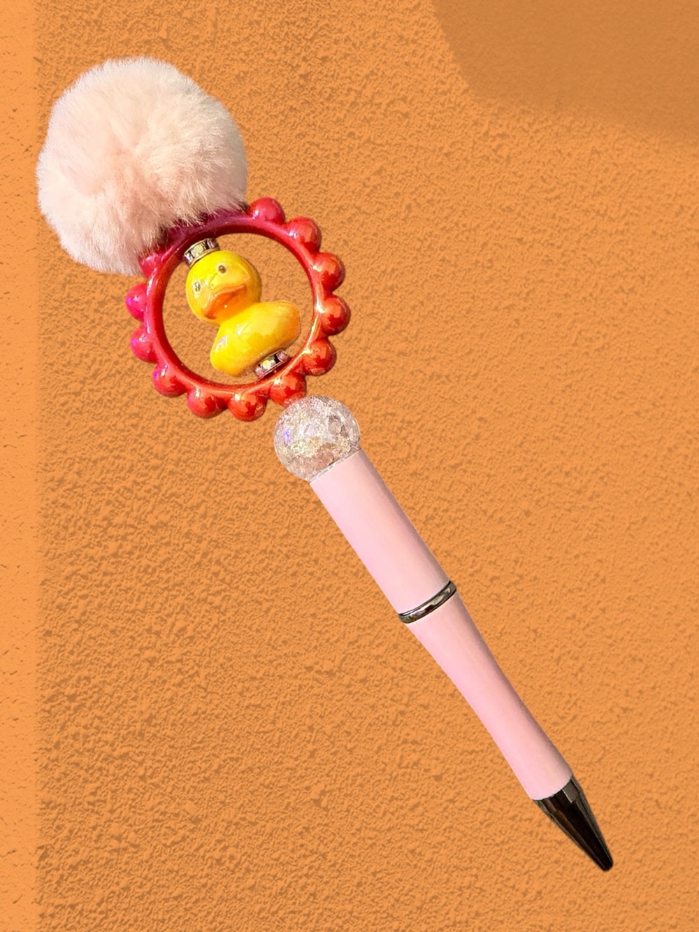 New plush pom pom duck pen pinks and yellow.  One of a kind